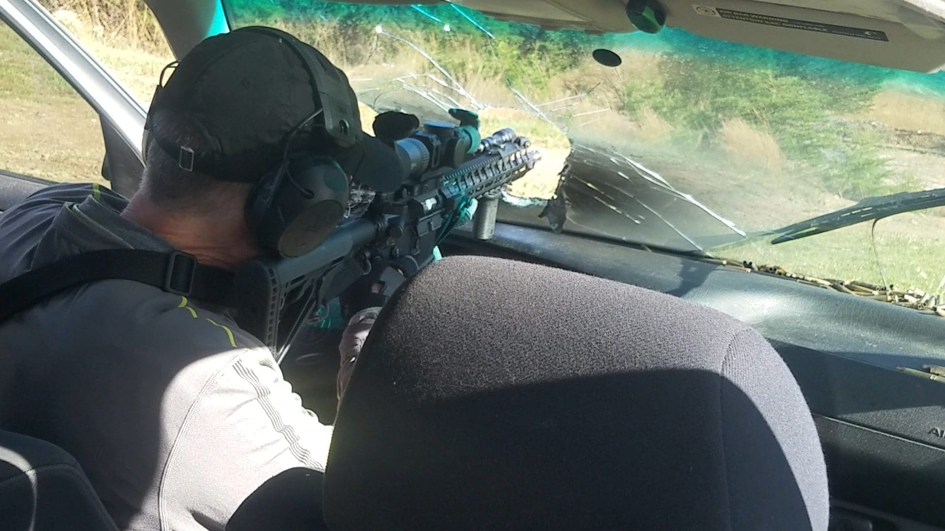 Shooting a practical rifle match from a broken care windshield